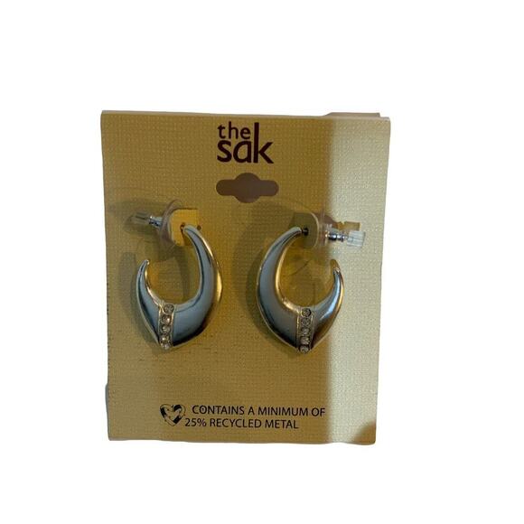 The Sak Silver Tone Rhinestones Inlay Curved Hoop Earrings Recycled Metal NEW - Picture 2 of 5